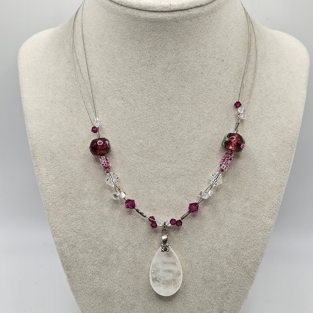 Artisan Handmade White Quartz Pendant Lampwork Glass Beads Silver Tone Necklace